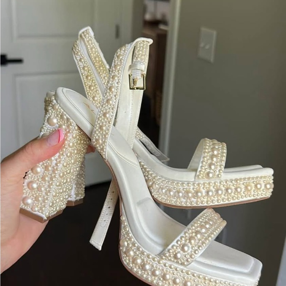 Aldo Pearl-Embellished Cream Platform Heels
